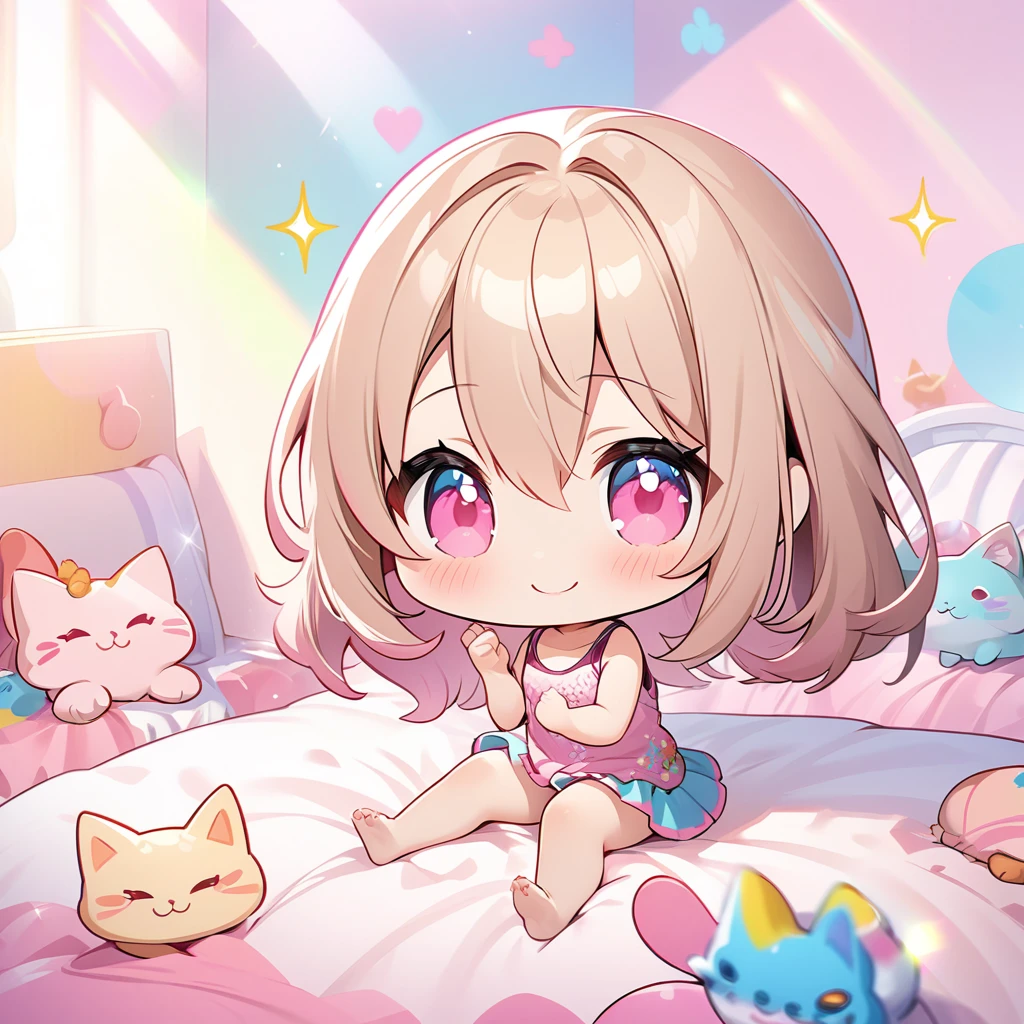 masterpiece, best quality, 4k、2D Illustration、one beautiful girl、solo、(((chibi style)))、((vivid colors))、cute chibi、lovely chibi、long beautiful hair, glossy light brown hair, hair between eyes, cute、beautifully detailed eyes、((tank top))、((miniskirt))、(colorful))、((happy smile))、sitting on bed、((full body shot))、((kitten)), ((lots of pink stuff around))、((bed))、sparkle、((lens flare))、