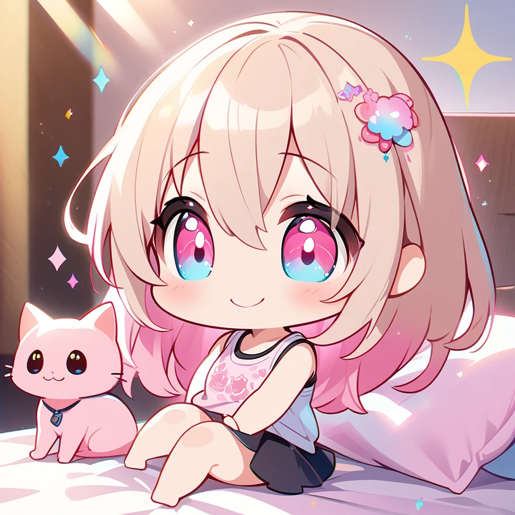 masterpiece, best quality, 4k、2D Illustration、one beautiful girl、solo、(((chibi style)))、((vivid colors))、cute chibi、lovely chibi、long beautiful hair, glossy light brown hair, hair between eyes, cute、beautifully detailed eyes、((tank top))、((miniskirt))、(colorful))、((happy smile))、sitting on bed、((full body shot))、((kitten)), ((lots of pink stuff around))、((bed))、sparkle、((lens flare))、