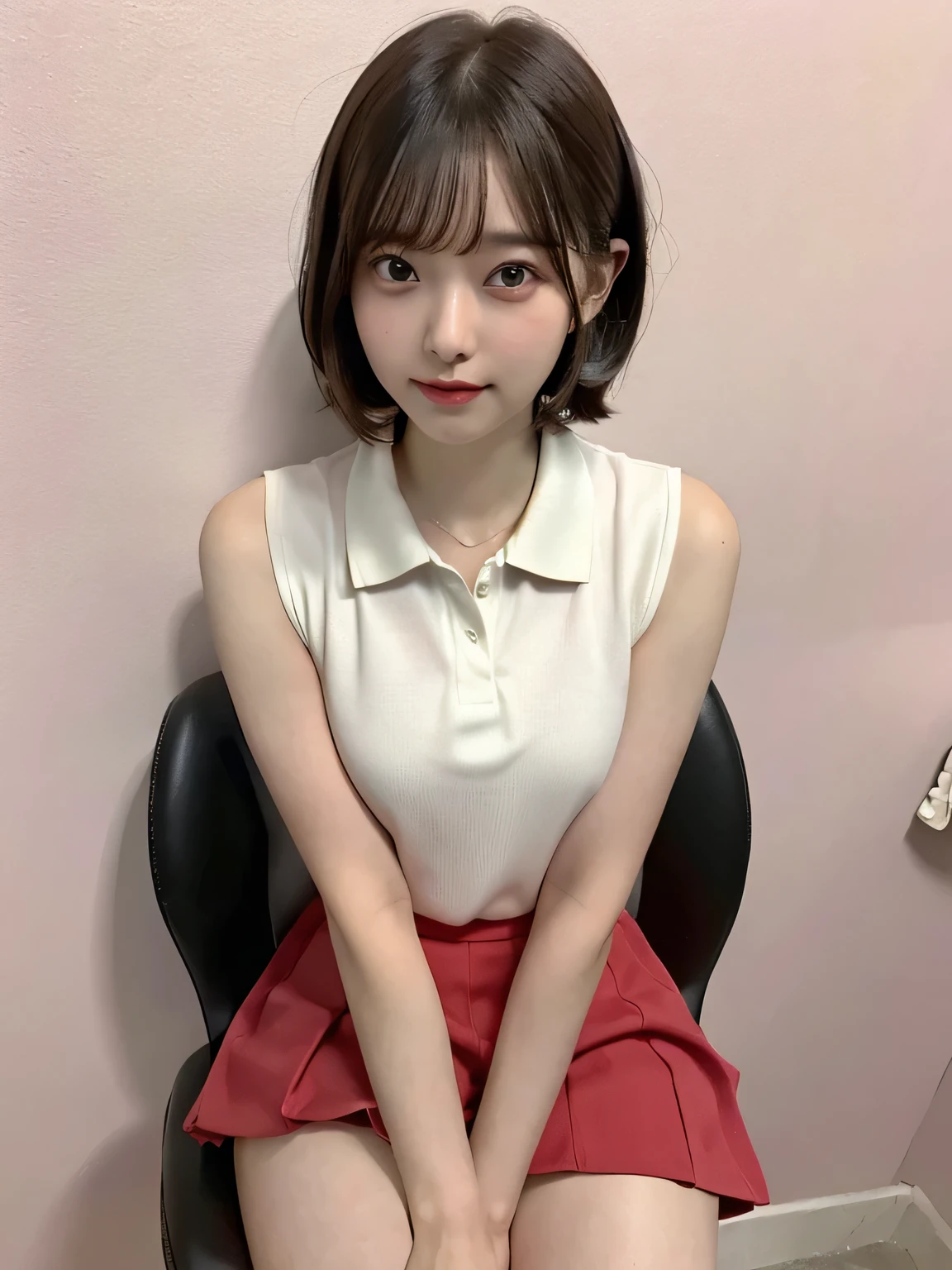 One person、、Full body photo,slender、woman、White drool coming out of the mouth、smile、、Short Bob Hair、 Fair skinned and super cute、Soft and Face、8K resolution、Surreal、Ultra high definition、 A-cup small breasts((Highest resolution、8K、masterpiece:1.3))、Ultra-fine face、Ultra Fine Lips、Beautiful Eyes、double eyelid,Pink wall、A sleeveless, collared red polo shirt、Red Skirt、Thighs、thin,Thighsが見える、Shapely small breasts、sexy、So cute!,Sitting in a chair、Thighsが見える、