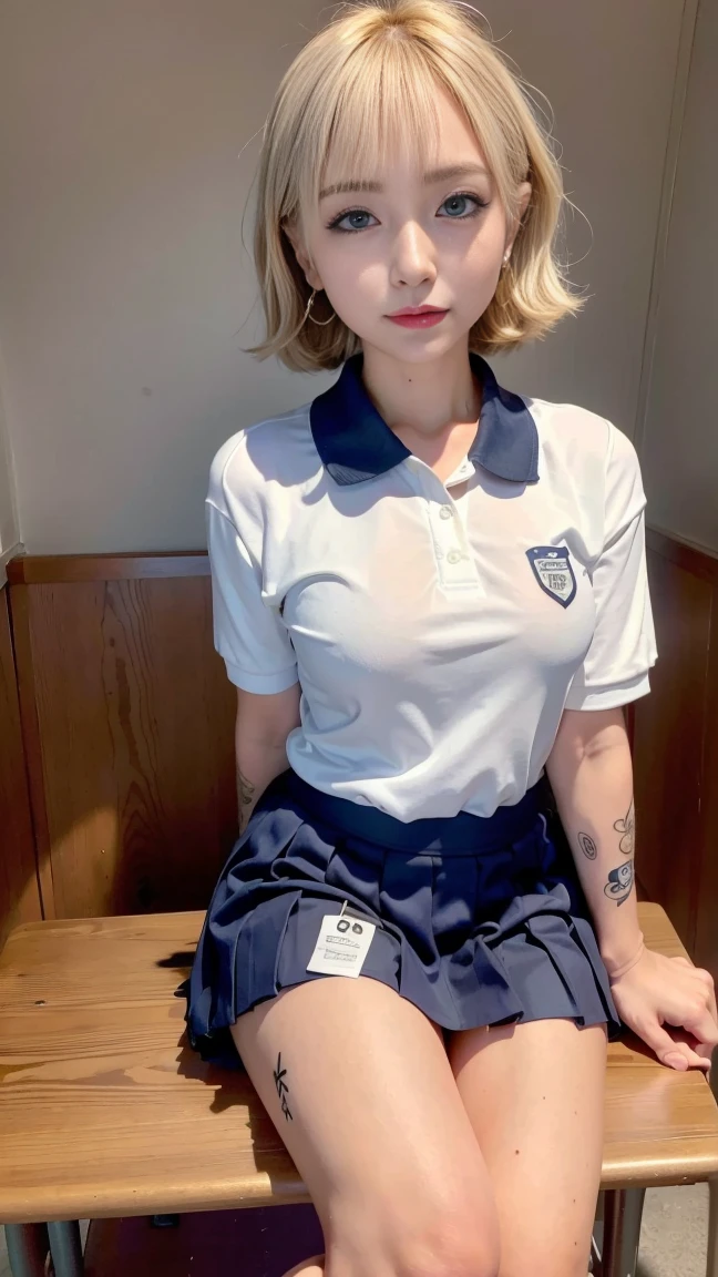 Heavy makeup,,smile,blonde,Wavy Short Hair,Japanese,(Uniform polo shirt:1.2),Pleated skirt, Micro Mini Skirt, loafers, whole body,Beautiful thighs,Sitting,(Real schoolgirl:1onor student),Classroom during lesson,Spread your legs,blue eyes:1.1,necklace、bracelet,Earrings,ring,(One-point tattoo:1.3)