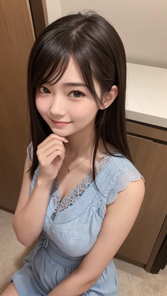 １People Girls,Selfie,from above,20-year-old,student,Beauty,Beautiful face,Cute face, japanese girl, large bretht, embarrassed,Embarrassed smile,{{{masterpiece}}}, {{{best quality}}}, {{ultra-detailed}}, {illustration}, {{an extremely delicate and beautiful}}