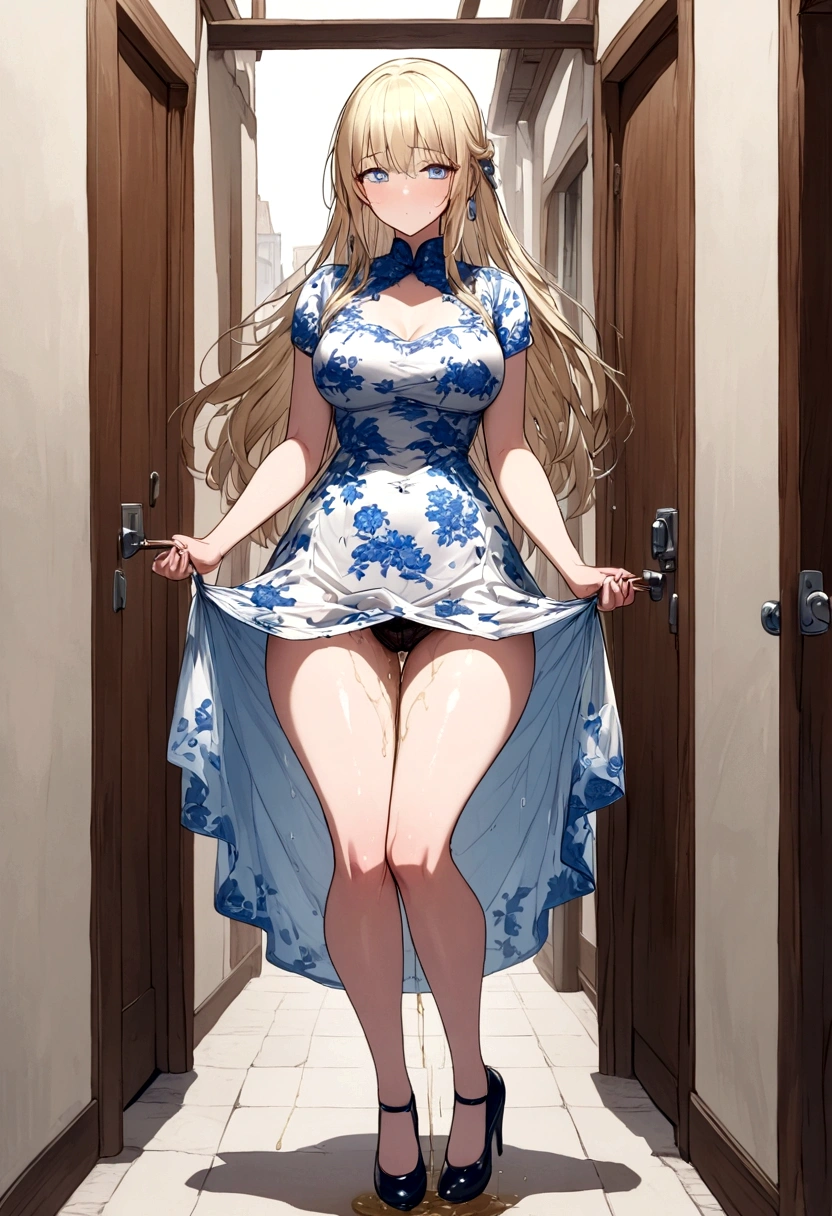 Anime. . Princess. Blonde. Long hair. Blue eyes. Beautiful eyes. Light dress. Shoes. Urinary incontinence. Pee. Wants to pee. I need to pee. A very strong, desperate urge to pee. presses his hand tightly to his crotch. I peed. Pees while standing. Pissing to himself. Pissing in panties. I peed myself. Urine runs down my thighs. There is a wet spot on the crotch of the dress. The girl can't stand straight. Fantasy city. Lock. Corridor . At the entrance to the toilet. Full height. Standing. Full body.