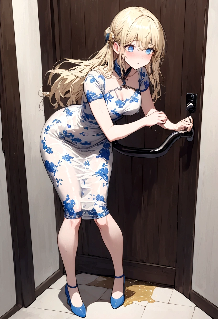 Anime. Baby. Princess. Blonde. Long hair. Blue eyes. Beautiful eyes. Light dress. Shoes. Urinary incontinence. Pee. Wants to pee. I need to pee. A very strong, desperate urge to pee. presses his hand tightly to his crotch. I peed. Pees while standing. Pissing to himself. Pissing in panties. I peed myself. Urine runs down my thighs. There is a wet spot on the crotch of the dress. The girl can't stand straight. Fantasy city. Lock. Corridor . At the entrance to the toilet. Full height. Standing. Full body.