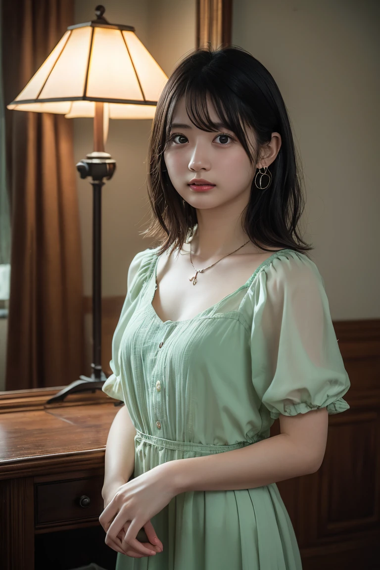(Highest quality:1.4),(masterpiece:1.4),(Realistic:1.4),(Realistic:1.2),(超High resolution, RAW Photos:1.4),(High resolution, Ultra-detailed:1.2),(8K:1.2),View your viewers,Cinematic photography,One girl,skeletally correct,Black-haired woman,(Small earrings,necklace,A neat and clean light green dress,View from the front),(Western-style building interior,Dimly lit room,The lamplight shines on my cheeks)
