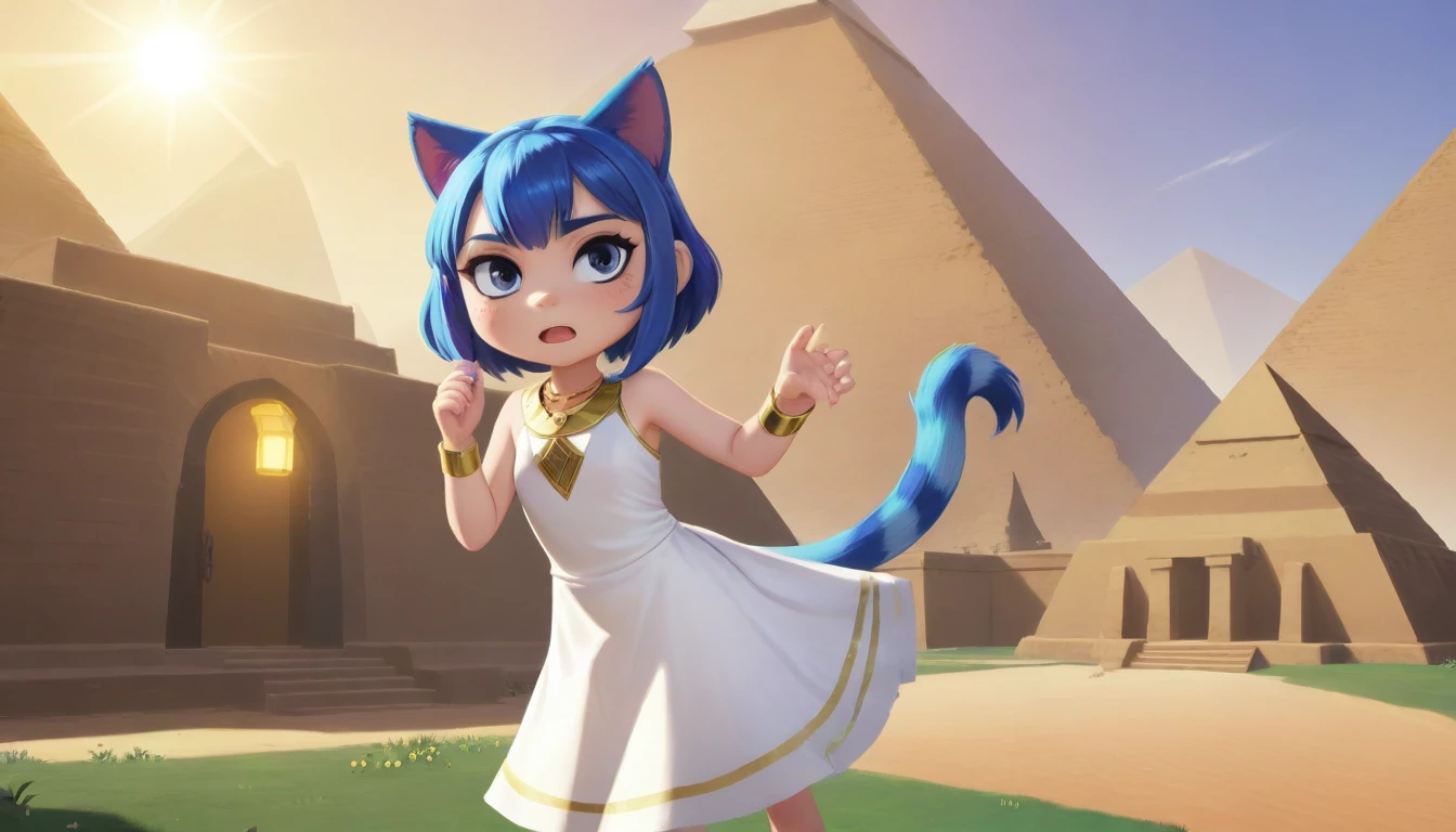 1girl,Artist Name,Egyptian cat,Blue Hair,skin,Keep your mouth shut,Wear,whole body,solo,Standing,猫Tail,Keep your mouth shut,Wear,Looking at the audience,Animal Crossing Furry, Blue Hair, Hair accessories, 黄skin, black eyes, White Dress, Tail, Egyptian Pyramids,mummy,Sunlight,sunny,(masterpiece), ((best quality), Detailed background, masterpiece, best quality, high quality, absurd, The award-winning, professional, Very detailed