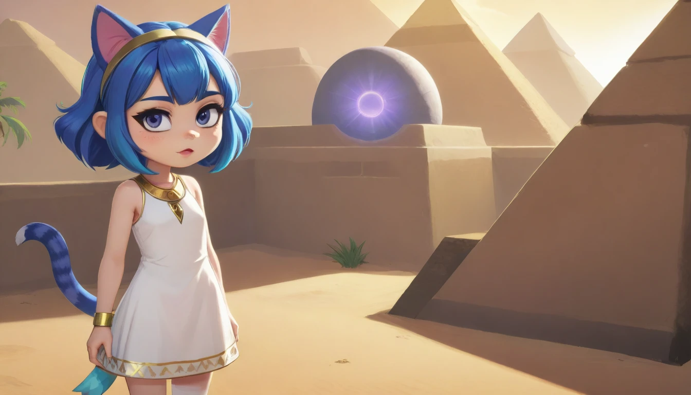 1girl,Artist Name,Egyptian cat,Blue Hair,skin,Keep your mouth shut,Wear,whole body,solo,Standing,猫Tail,Keep your mouth shut,Wear,Looking at the audience,Animal Crossing Furry, Blue Hair, Hair accessories, 黄skin, black eyes, White Dress, Tail, Egyptian Pyramids,mummy,Sunlight,sunny,(masterpiece), ((best quality), Detailed background, masterpiece, best quality, high quality, absurd, The award-winning, professional, Very detailed