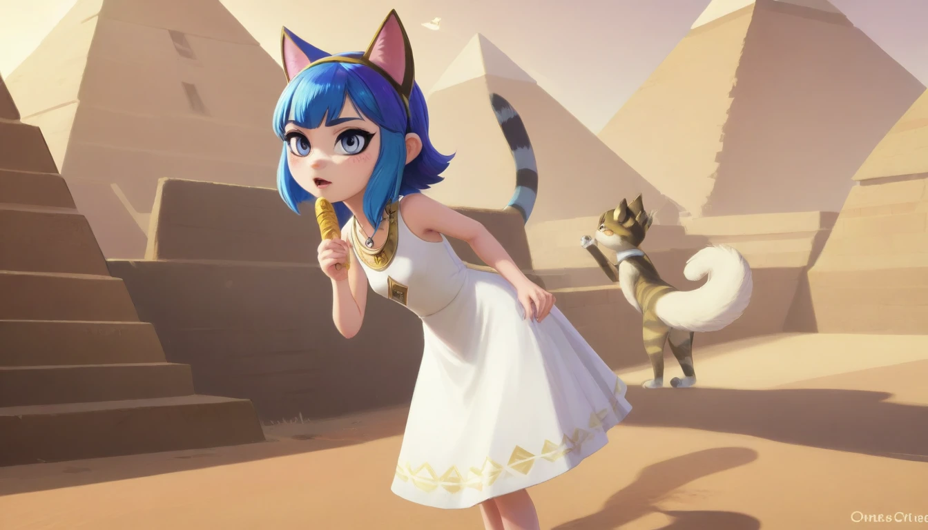 1girl,Artist Name,Egyptian cat,Blue Hair,skin,Keep your mouth shut,Wear,whole body,solo,Standing,猫Tail,Keep your mouth shut,Wear,Looking at the audience,Animal Crossing Furry, Blue Hair, Hair accessories, 黄skin, black eyes, White Dress, Tail, Egyptian Pyramids,mummy,Sunlight,sunny,(masterpiece), ((best quality), Detailed background, masterpiece, best quality, high quality, absurd, The award-winning, professional, Very detailed