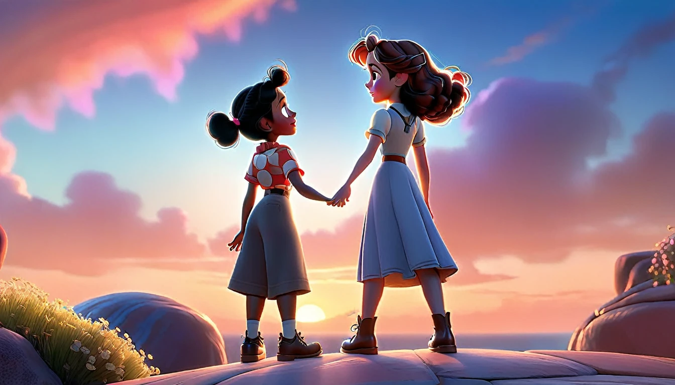 "A character reaching out towards another, with a stunning sunset backdrop, emphasizing beauty and longing, Disney Pixar style."