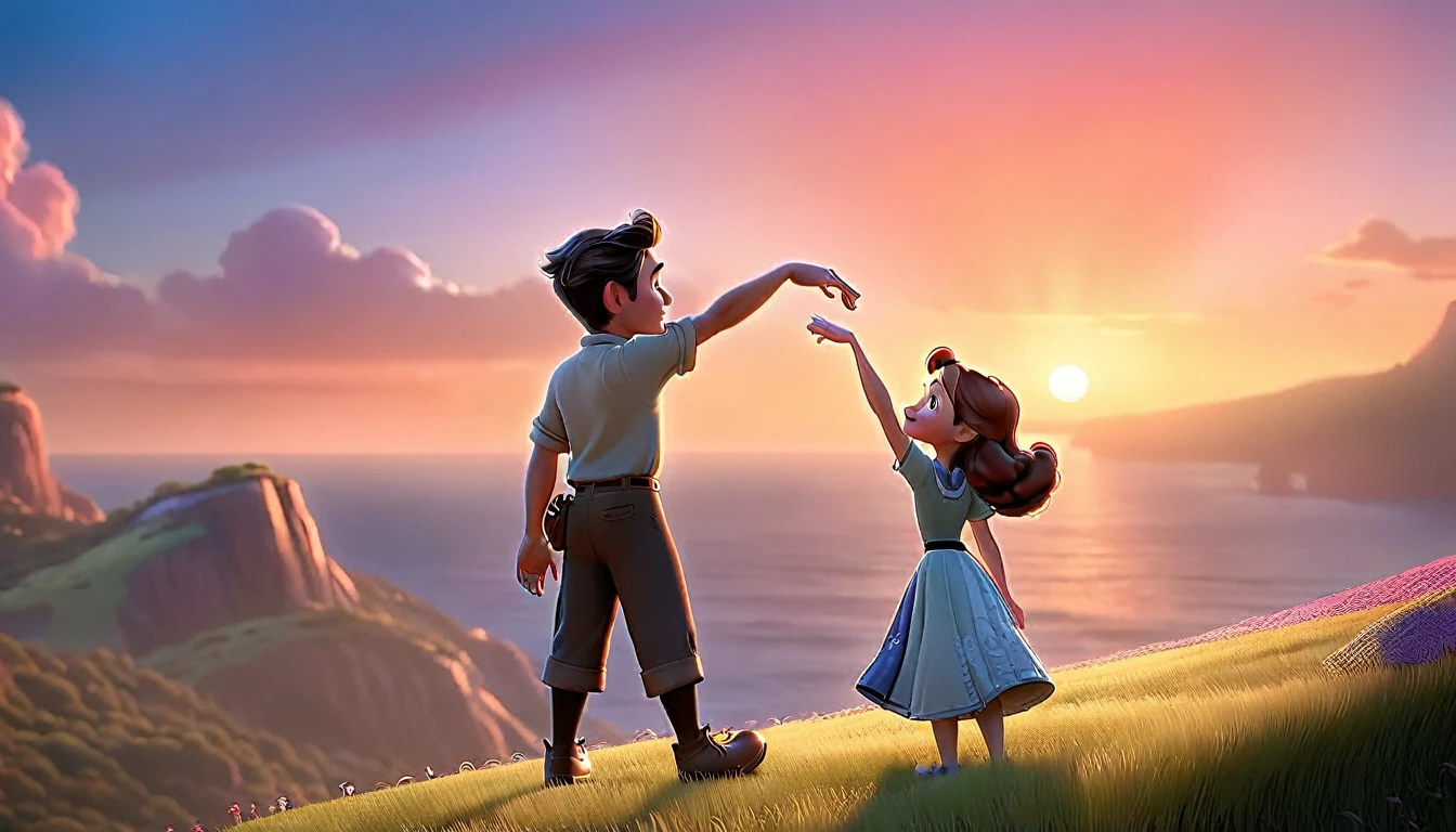 "A character reaching out towards another, with a stunning sunset backdrop, emphasizing beauty and longing, Disney Pixar style."