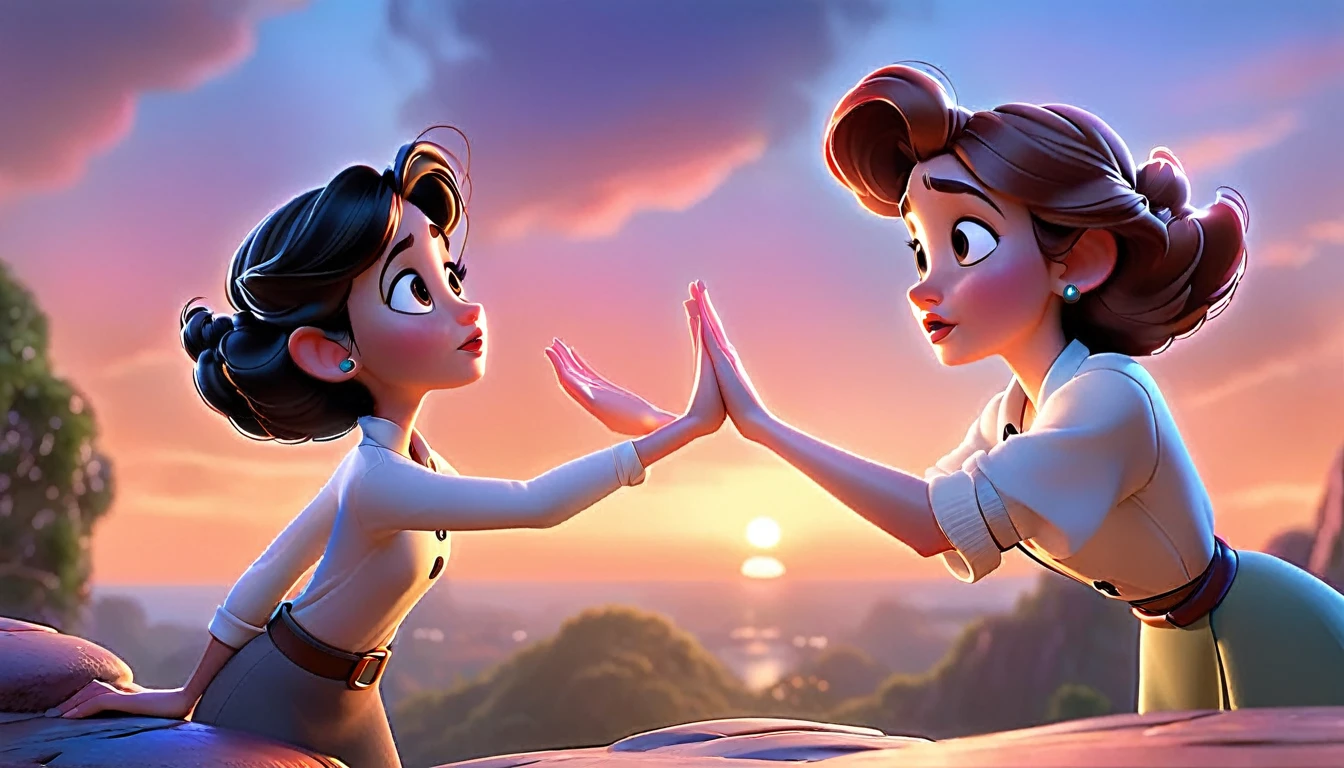 "A character reaching out towards another, with a stunning sunset backdrop, emphasizing beauty and longing, Disney Pixar style."