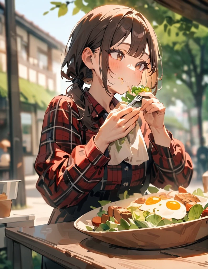 Masterpiece, best quality, very beautiful, high resolution, newest, 1 girl, solo, low ponytail, brown eyes, brown hair, tartan plaid shirt, long sleeves, little smile, holding, upper body, outdoors, slightly open lips, food, daytime, blurry, from the front, salad, bowl, depth of field, blurry background, sunlight, eating salad, looking delicious, breakfast, holding a fork.