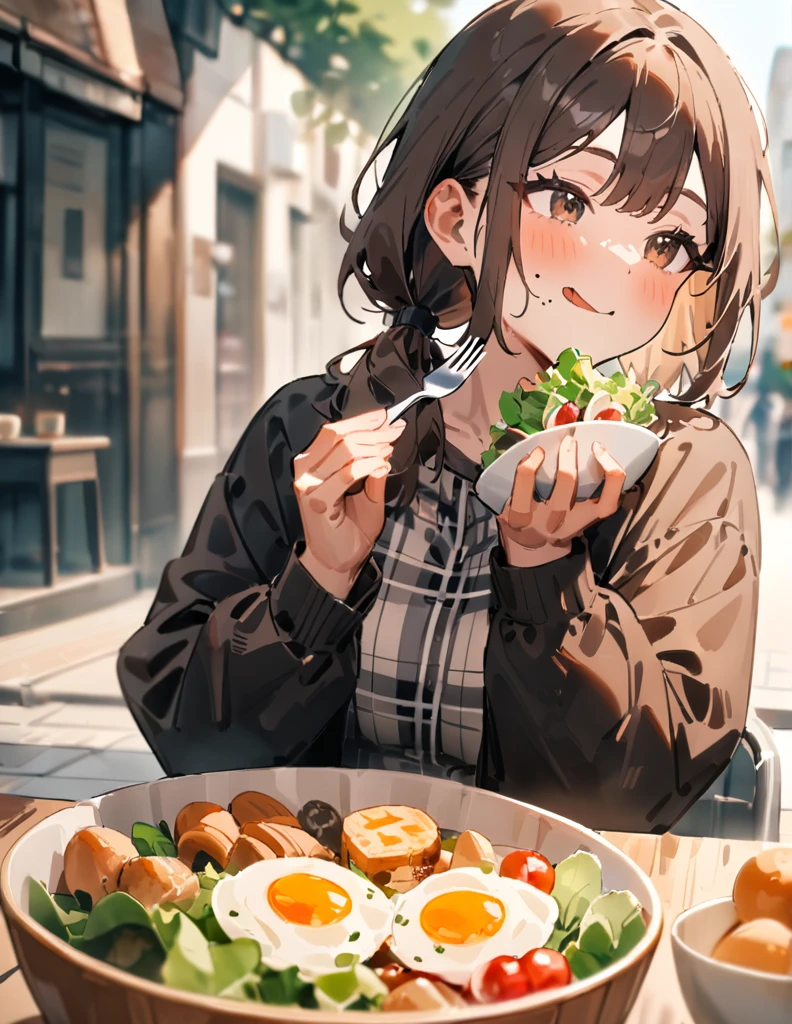 Masterpiece, best quality, very beautiful, high resolution, newest, 1 girl, solo, low ponytail, brown eyes, brown hair, tartan plaid shirt, long sleeves, little smile, holding, upper body, outdoors, slightly open lips, food, daytime, blurry, from the front, salad, bowl, depth of field, blurry background, sunlight, eating salad, looking delicious, breakfast, holding a fork.
