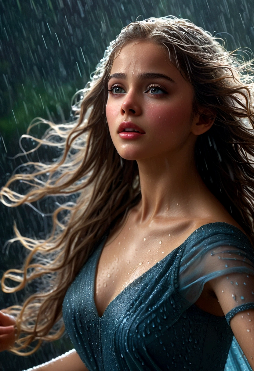 a girl dancing in rain, long flowing hair, beautiful detailed eyes, beautiful detailed lips, extremely detailed face and features, long eyelashes, elegant dress, swirling in the wind, raindrops glistening on her skin, dramatic lighting, moody atmosphere, cinematic composition, vibrant colors, photorealistic, 8k, high resolution, masterpiece