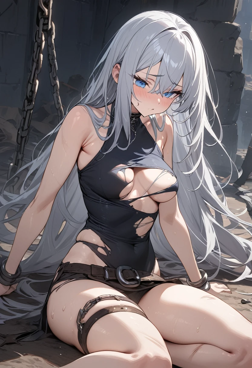 ((masterpiece)), (Highest quality), (Simple style), Silver hair, long hair, blue eyes, slave, torn rags