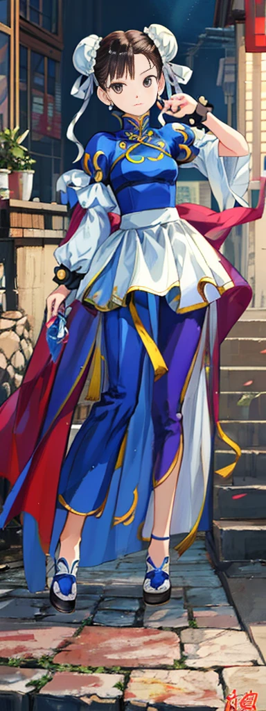 chun-li,((masterpiece)), ((best quality)), ((ultra detailed)), ((kawaii)), cute, (lovely), ((extremely detailed)), ((8K)), (beautiful),flat breast, tiny breast,full body