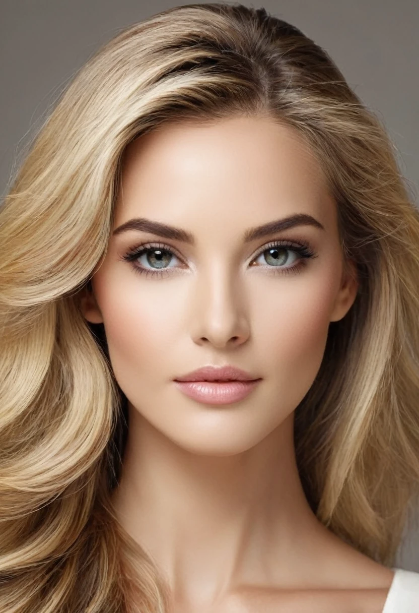 Create an image of the perfect female face according to scientific standards. The face should have symmetrical features, clear skin, and proportions where the distance between the eyes and mouth is 36% of the face length, and the distance between the eyes is 46% of the face width. The background should reflect a universal beauty standard, appreciated across different cultures and time periods. Add beautiful hair to this image. Full head of hair visible, portrait shot.