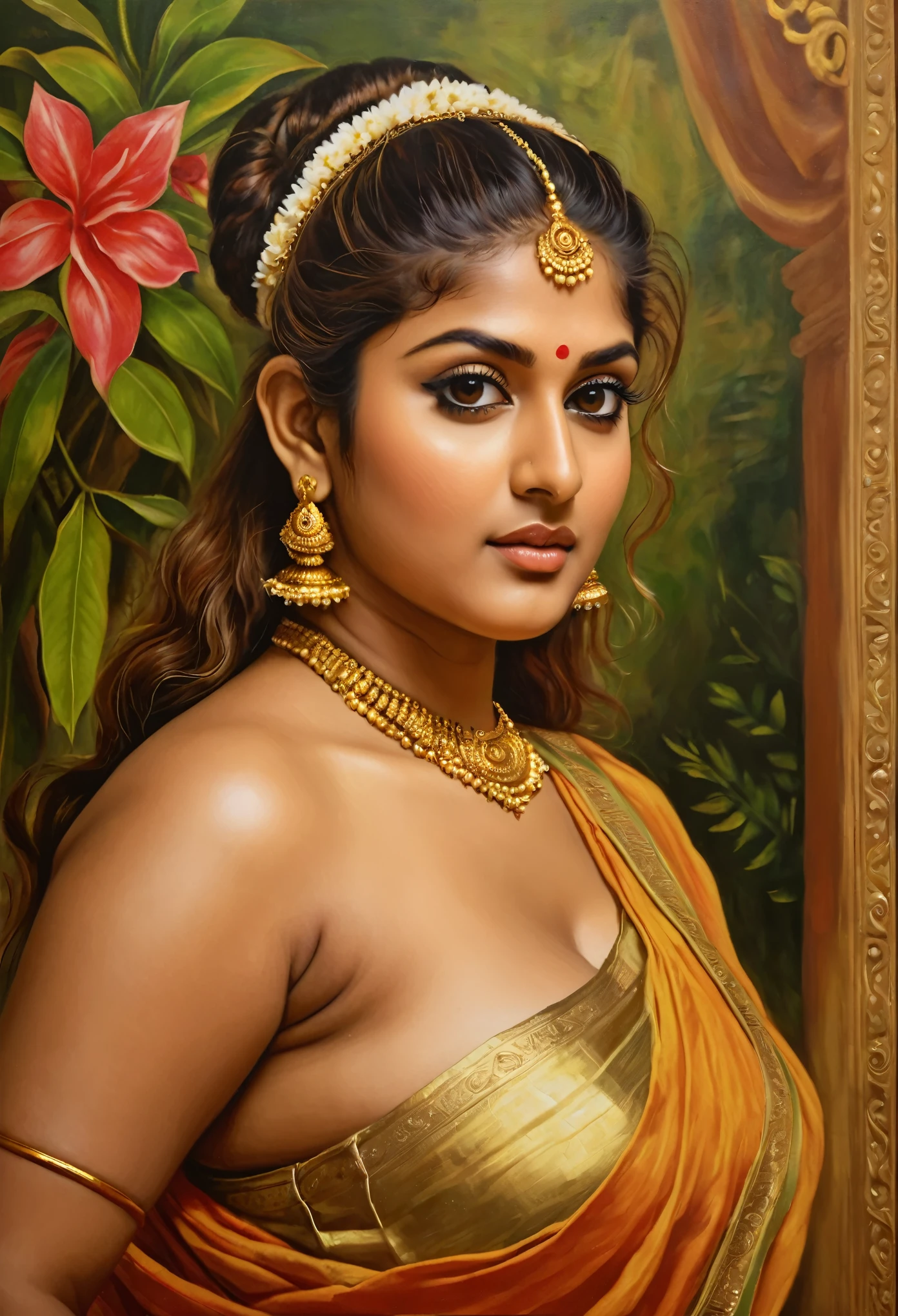Looks like Nayanthara, exotic Indian art, inspired by oviyar maruthi style painting, inspired by mohanan manimala, Full figured beautiful woman, Apsara, Masterpiece, Beautiful Thick Woman, Best quality, high clarity eyes, critically flawless,sharp picture, Full portrait, High pixels, perfect face, perfect eyes, beautiful face, perfect hands,perfect fingers, in Peter Paul Rubens style, by Peter Paul Rubens, baroque style, acrylic on canvas, highly detailed, description: "Create a nymph inspired by the tales of Greek or Roman mythology, embodying the essence of a natural element or location, and possessing a unique ability or trait that sets her apart."