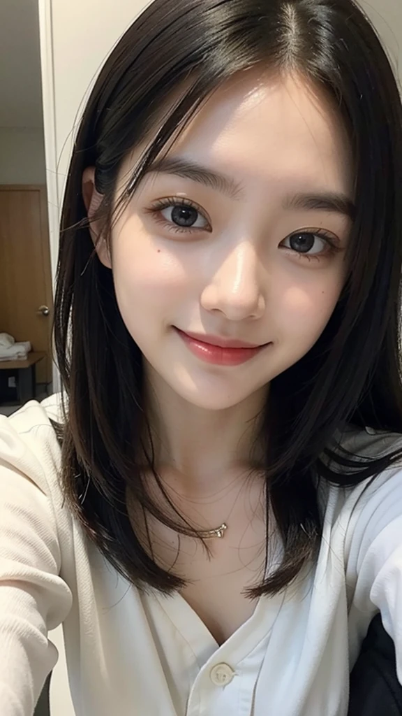 １People Girls,Selfie,from above,20-year-old,student,Beauty,Beautiful face,Cute face, japanese girl, large bretht, embarrassed,Embarrassed smile,{{{masterpiece}}}, {{{best quality}}}, {{ultra-detailed}}, {illustration}, {{an extremely delicate and beautiful}}