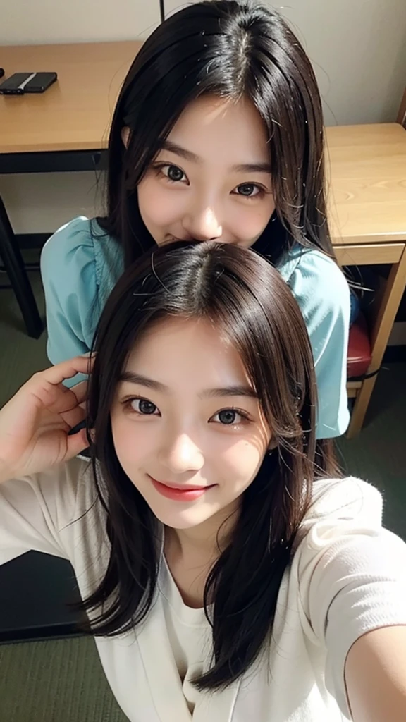 1People Girls,Selfie,from above,20-year-old,student,Beauty,Beautiful face,Cute face, japanese girl, large bretht, embarrassed,Embarrassed smile,{{{masterpiece}}}, {{{best quality}}}, {{ultra-detailed}}, {illustration}, {{an extremely delicate and beautiful}}