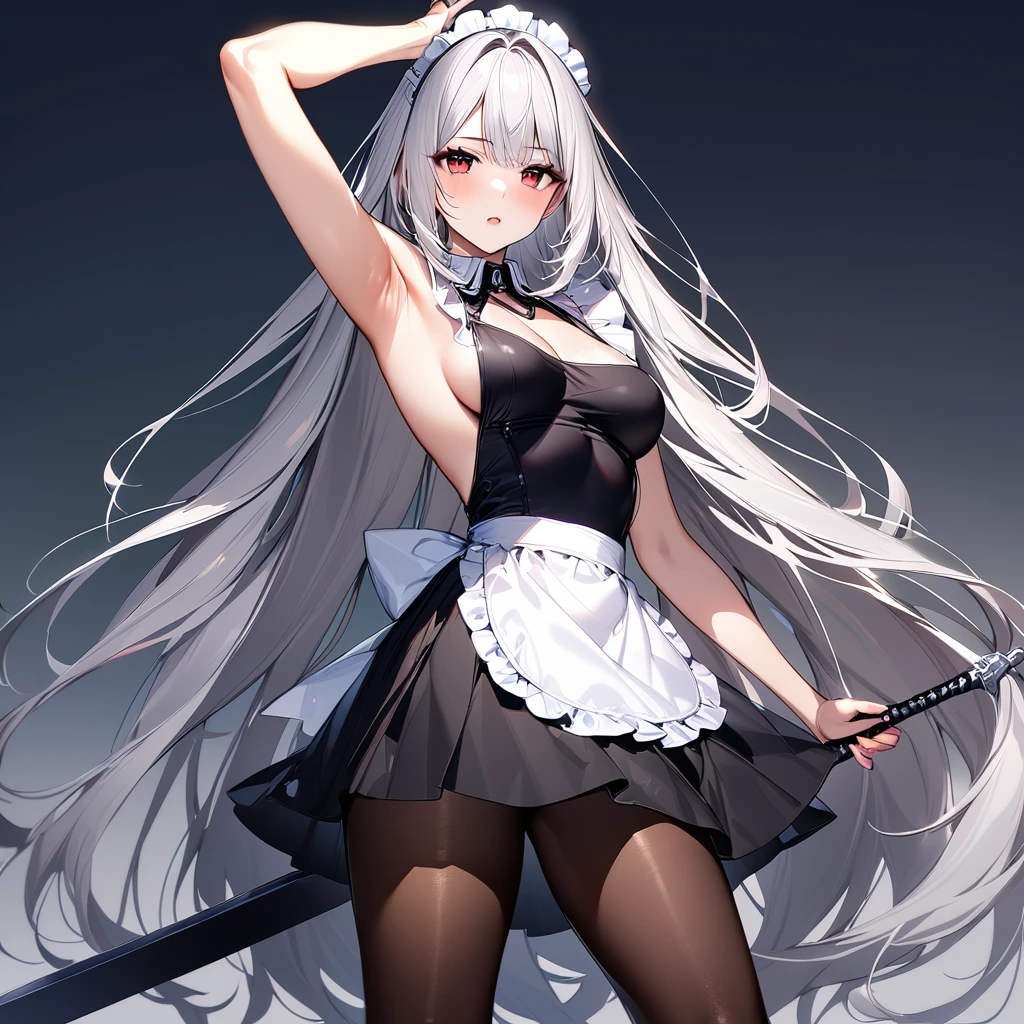 (masterpiece),(Highest quality),(Super detailed),(Best illustrations),(so beautiful), so beautiful長い脚, Silver Hair, Red eyes, Very long hair, pantyhose, Maid, headdress, apron, Long skirt, holding weapon, huge sword, armpits,