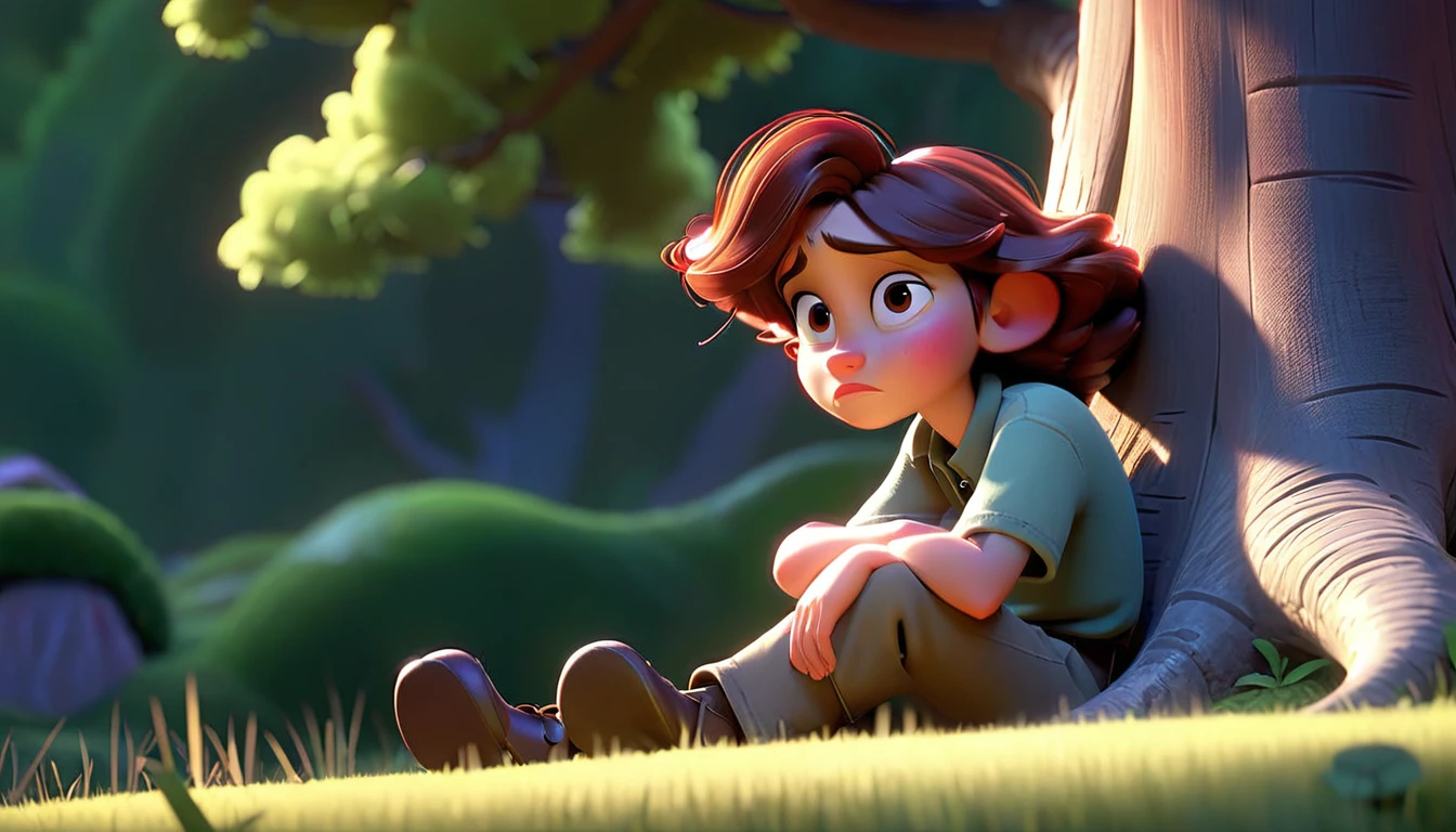 "A character sitting alone under a tree, looking peaceful and contemplative, in a serene Disney Pixar style."