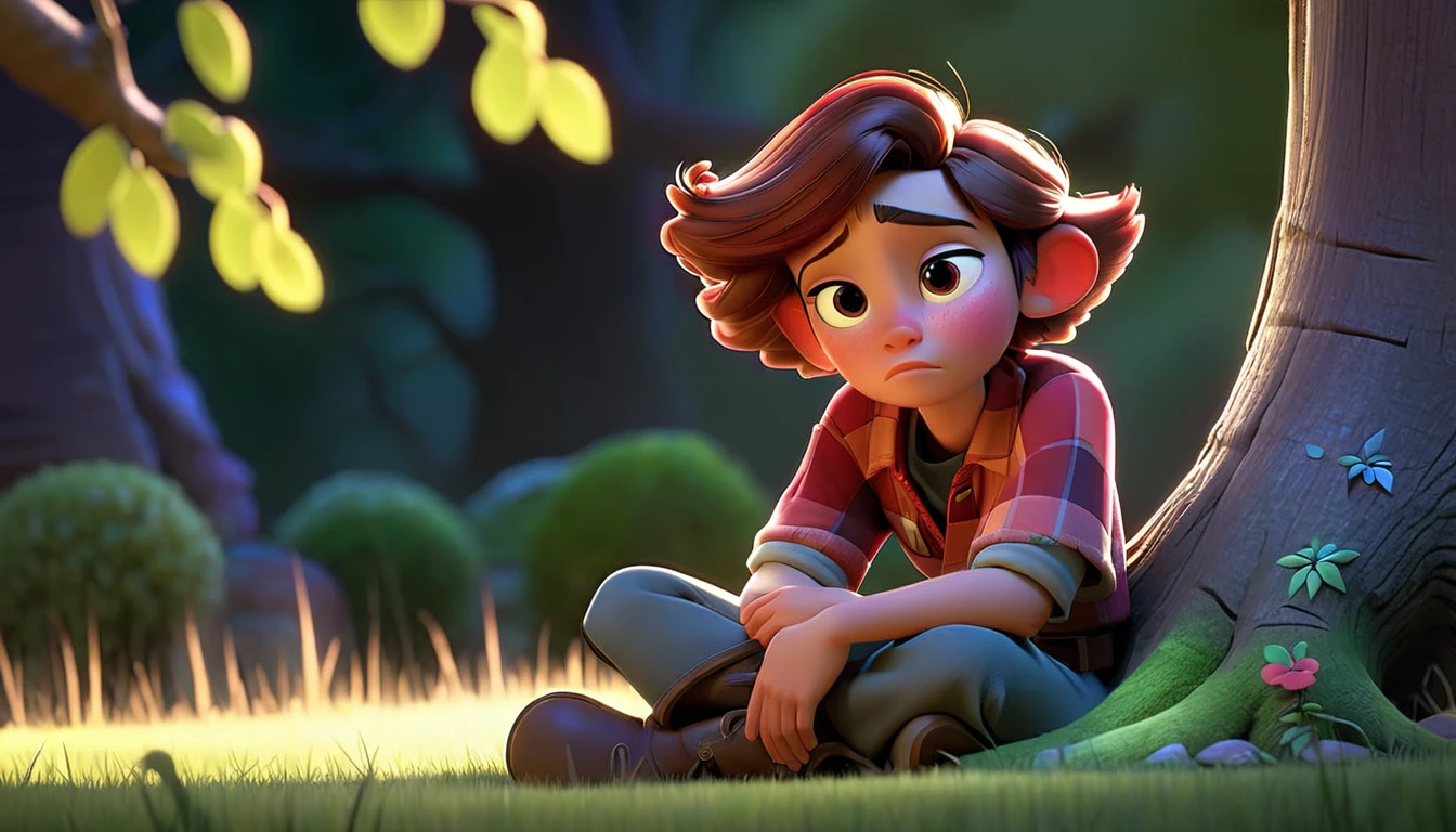 "A character sitting alone under a tree, looking peaceful and contemplative, in a serene Disney Pixar style."