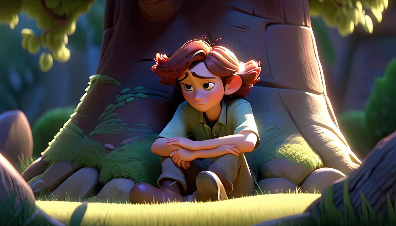 "A character sitting alone under a tree, looking peaceful and contemplative, in a serene Disney Pixar style."