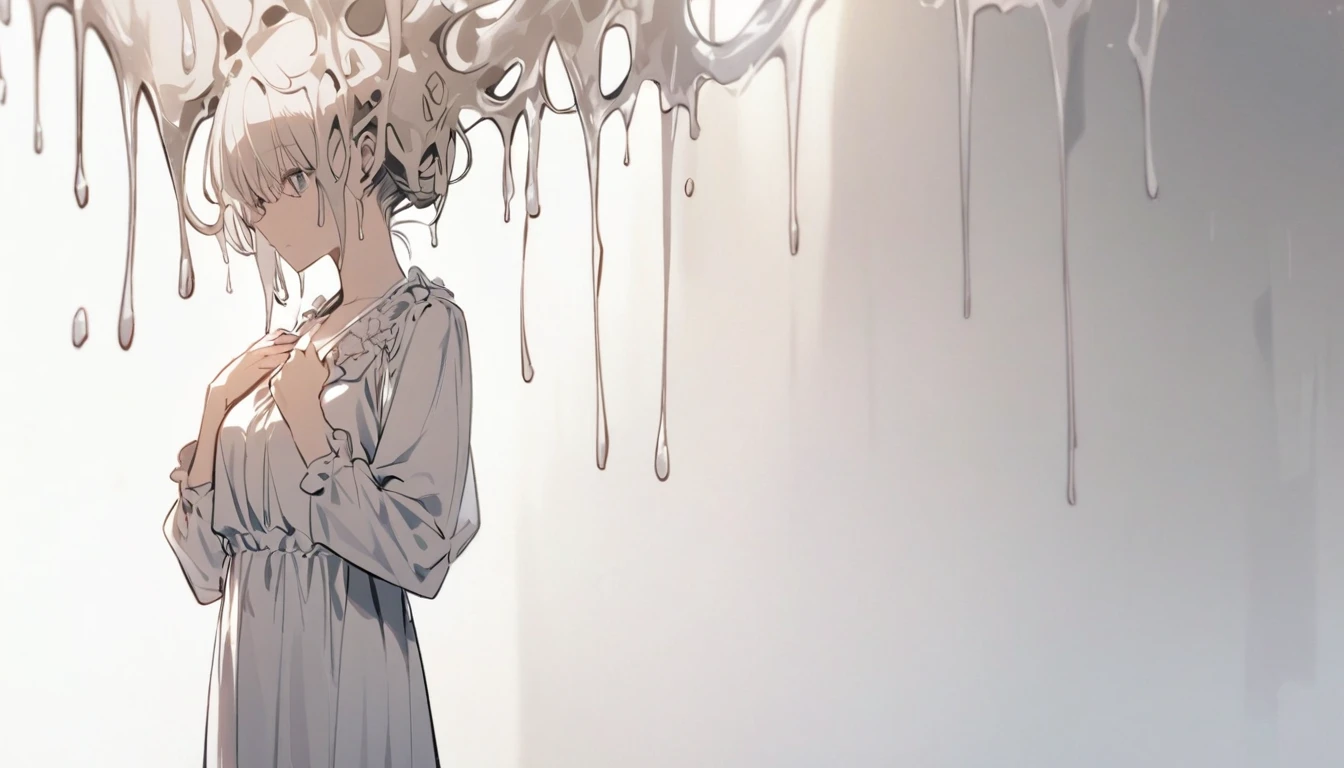 alone,Temporarily stop, whole body, blouse,Please place your hand on your chest、Holding a handgun、Dim mountain road、