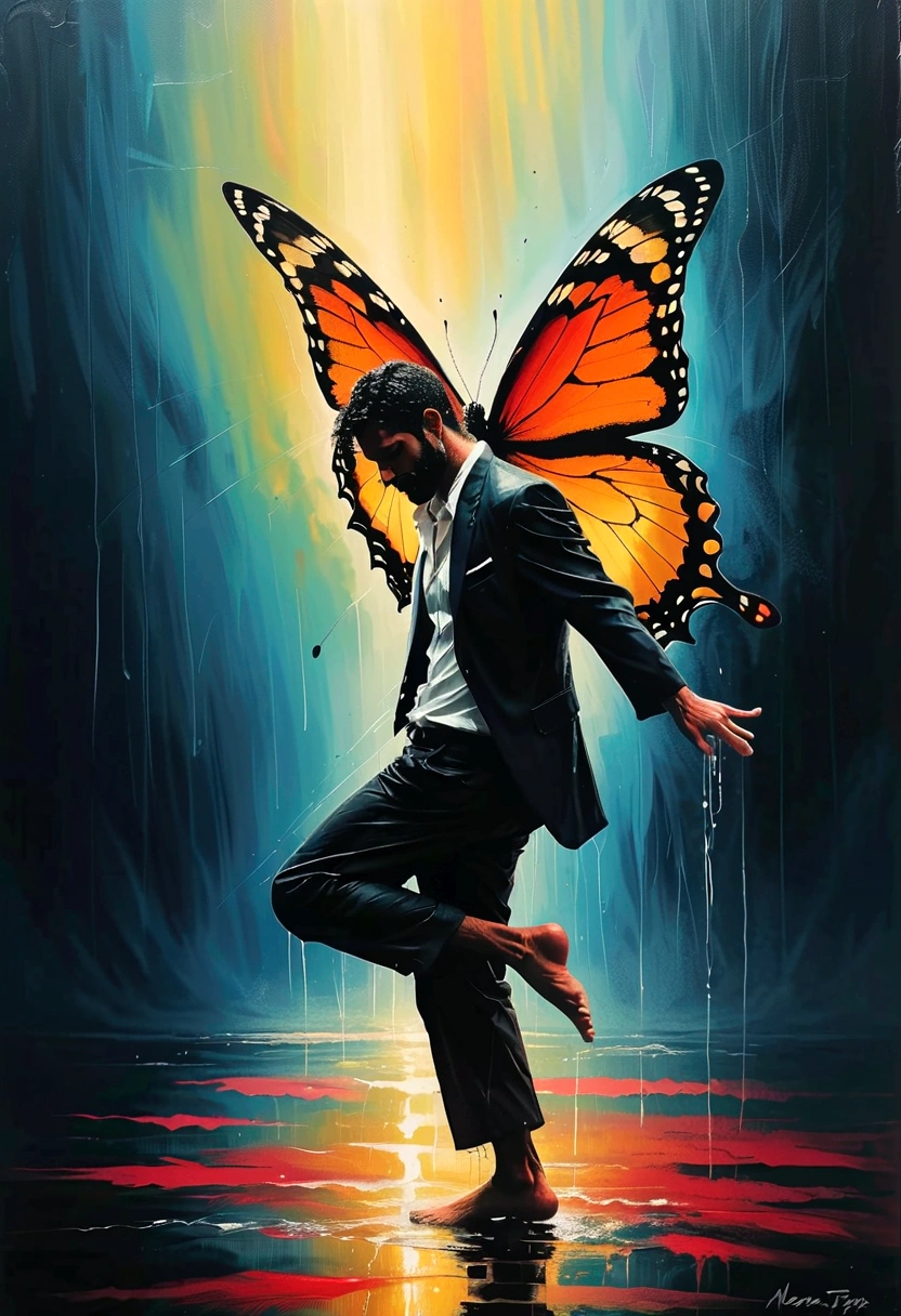 Soul Dancer Mark,heavy rain,A homeless man dancing alone in the rain,soul,Barefoot,Loose and worn clothes,(((en laingertips 1 butterfly))),Very contagious,Splash,Light and Shadow,Minimalism,artistic conception,Iron chain background