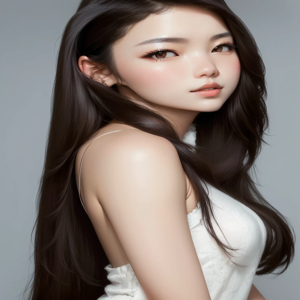 (lifelike, high resolution: 1.3) 1 Korean girl with a slender body, Yoo Na Kim, fine face and eyes, long straight hair, full lips, long eyelashes, on a korean street posing