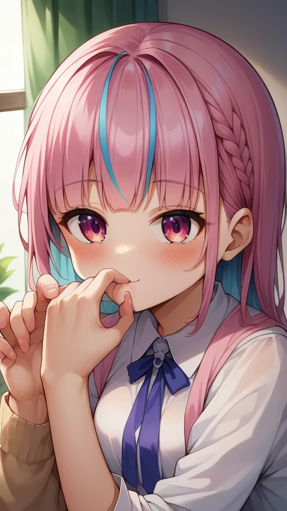 score_9, score_8_wonderful, anime, NSFW Hololive,Minato Akua, Pink hair, smelling one&#39;s own armpits, smelly armpits, huge butt, easy-to-give-birth body type, armpit hair, locker room, disgusted face, crying face, panties aside, pussy, pussy juice, 1boy kiss, vaginal penis, fat man, creampie, forced kiss, cheek grabbed
