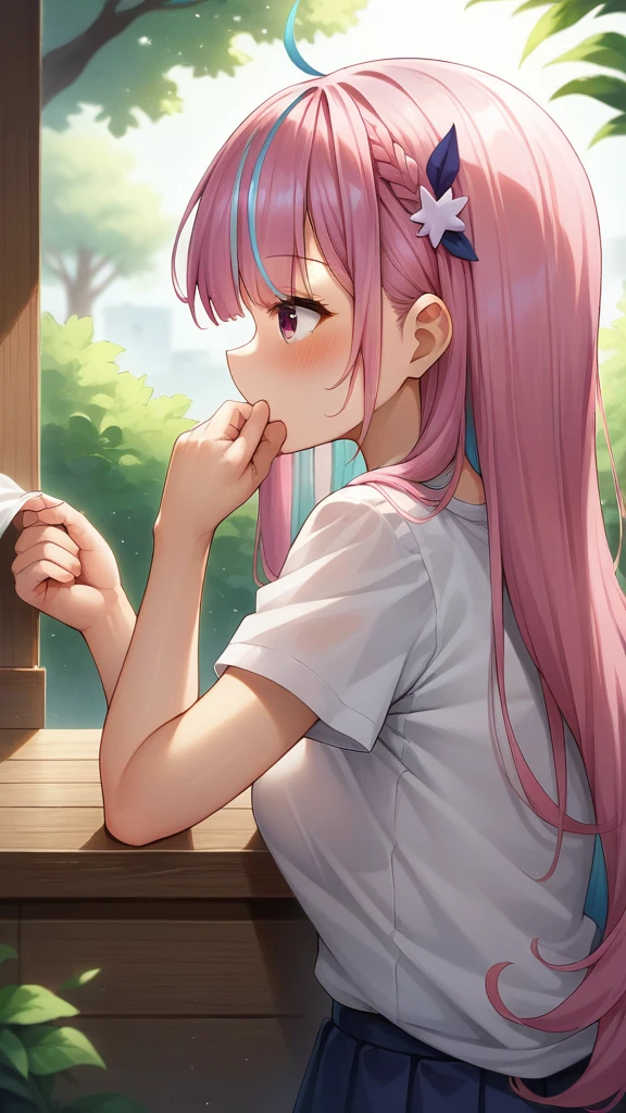 score_9, score_8_wonderful, anime, NSFW Hololive,Minato Akua, Pink hair, smelling one's own armpits, smelly armpits, huge butt, easy-to-give-birth body type, armpit hair, locker room, disgusted face, crying face, panties aside, pussy, pussy juice, 1boy kiss, vaginal penis, fat man, creampie, forced kiss, cheek grabbed
