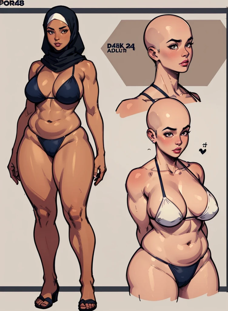 digital art, highly detailed, reference sheet in multiple angles, standing pose, feminine features, dark skin, overweight, curvy, corpulent, portly, mature woman, adult female, whole body, bald, form-fitting, hijab, sexy bikini, 1woman, solo, upper body, lower body, ((Extremely Detailed)), ((Best Quality)), ((Masterpiece)), ((4k)).