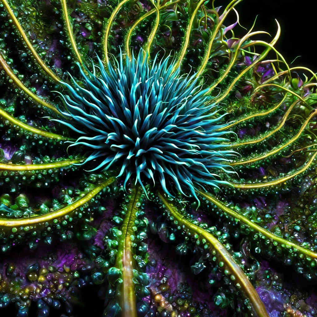 there is a very strange looking plant with a very long stem, a microscopic photo by Dietmar Damerau, zbrush central contest winner, digital art, alien flora, alien flora and fauna, colorful alien flora, fungus and plants, alien plant, simulacrum of a space fungus, fractal fungus, intricate alien botanicals, fantasy magical vegetation