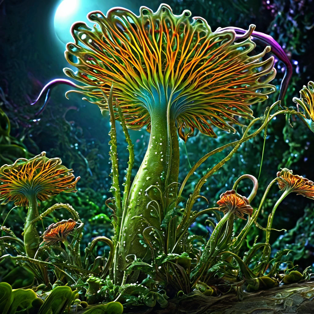 there is a very strange looking plant with a very long stem, a microscopic photo by Dietmar Damerau, zbrush central contest winner, digital art, alien flora, alien flora and fauna, colorful alien flora, fungus and plants, alien plant, simulacrum of a space fungus, fractal fungus, intricate alien botanicals, fantasy magical vegetation