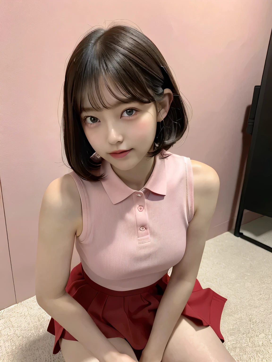 One person、11 years old、Full body photo,slender、woman、White drool coming out of the mouth、smile、、Short Bob Hair、 Fair skinned and super cute、Soft and Face、8K resolution、Surreal、Ultra high definition、 A-cup small breasts((Highest resolution、8K、masterpiece:1.3))、Ultra-fine face、Ultra Fine Lips、Beautiful Eyes、double eyelid,Pink wall、A sleeveless, collared red polo shirt、Red Skirt、Thighs、thin,Thighsが見える、Shapely small breasts、sexy、So cute!,Sitting in a chair、Thighsが見える、