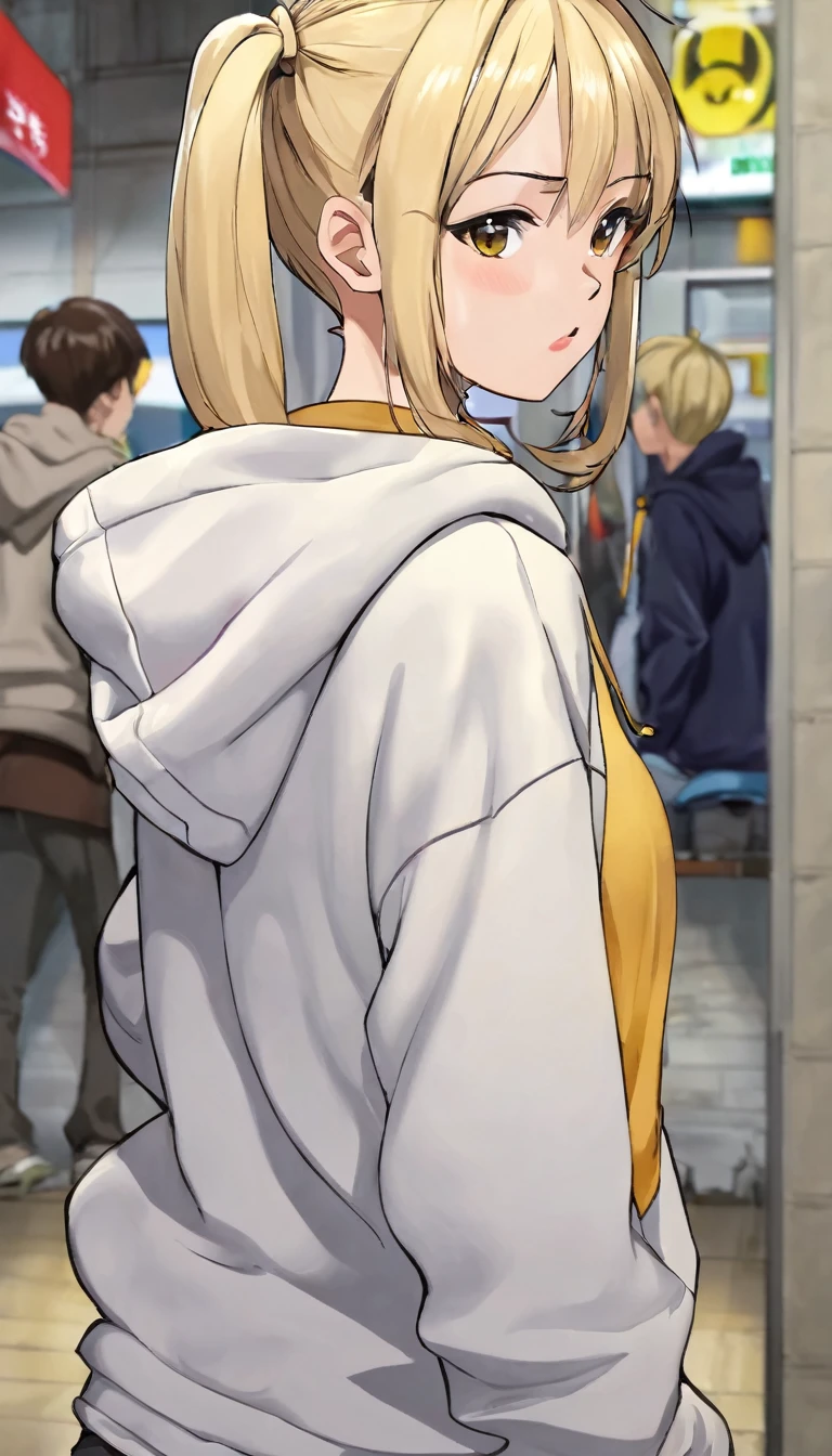 Browsing Caution,Only one person,(Petite),((One cute boy)),((Groin bulge)),Back view,Turn your butt,Blonde woman with low pigtails,lips,Sweat,White Breath Hoodie,The gaze of the viewer,A begging expression,(Cumshot Bukkake)
