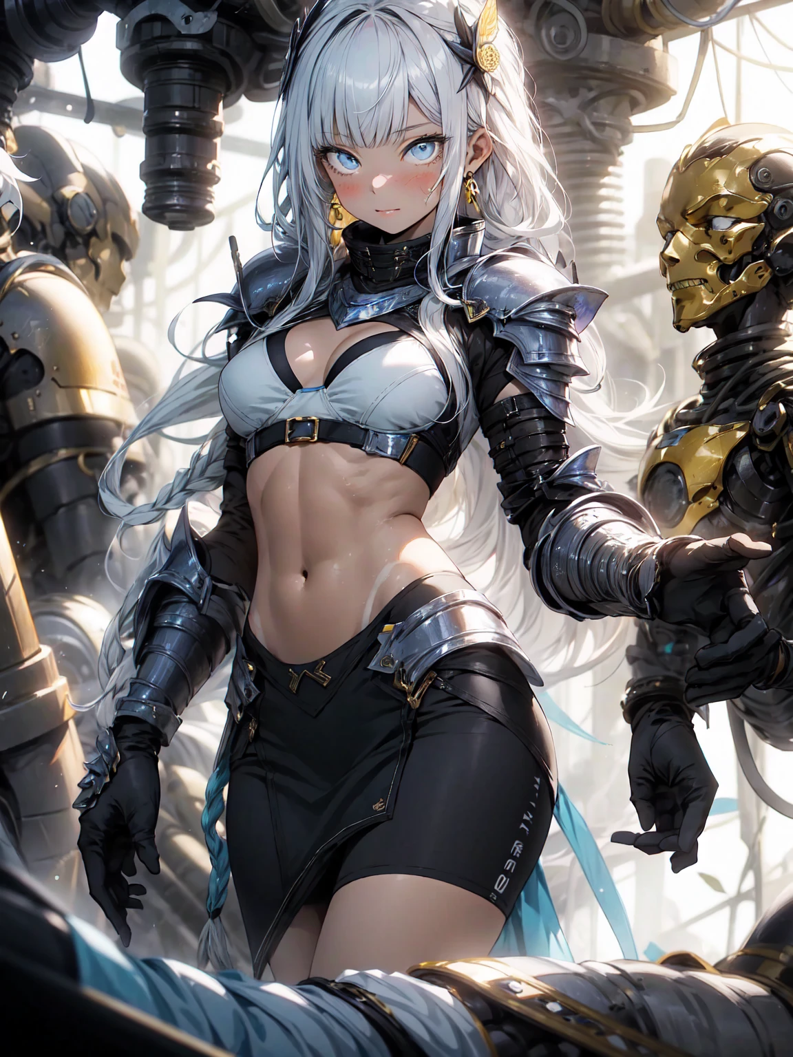 Be realistic,(masterpiece,Highest quality,Highest quality,Very detailed,Fractal Art,Most detailed,(Abstract background:1.5)(1 Girl),Kamimei,(金髪のLong Hair),(puppet, Blue eyes, Pale skin, Golden Hair, Long Hair, Blunt bangs, Braiding,Big Breasts、Toned Abs,Stunned)、crystallization,bikini、Sexy、Machine Armor、Sunburned skin、(Black pencil skirt)