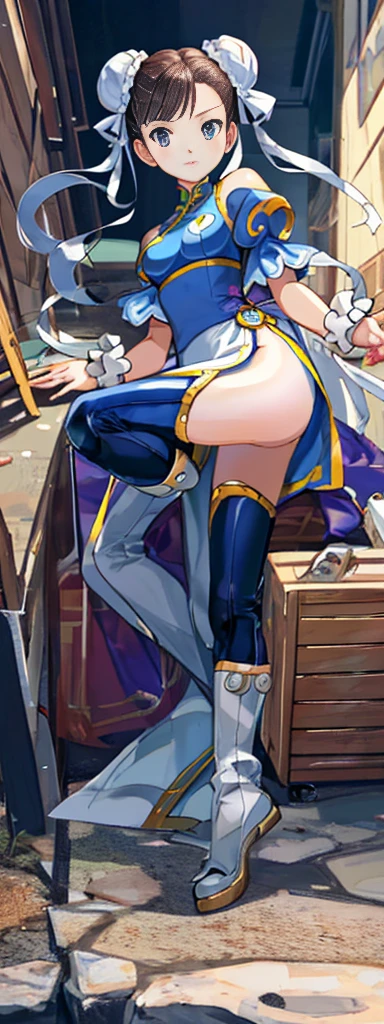 chun-li,((masterpiece)), ((best quality)), ((ultra detailed)), ((kawaii)), cute, (lovely), ((extremely detailed)), ((8K)), (beautiful),flat breast, tiny breast,full body