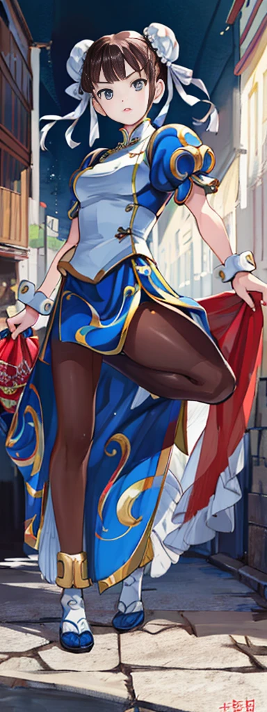 chun-li,((masterpiece)), ((best quality)), ((ultra detailed)), ((kawaii)), cute, (lovely), ((extremely detailed)), ((8K)), (beautiful),flat breast, tiny breast,full body