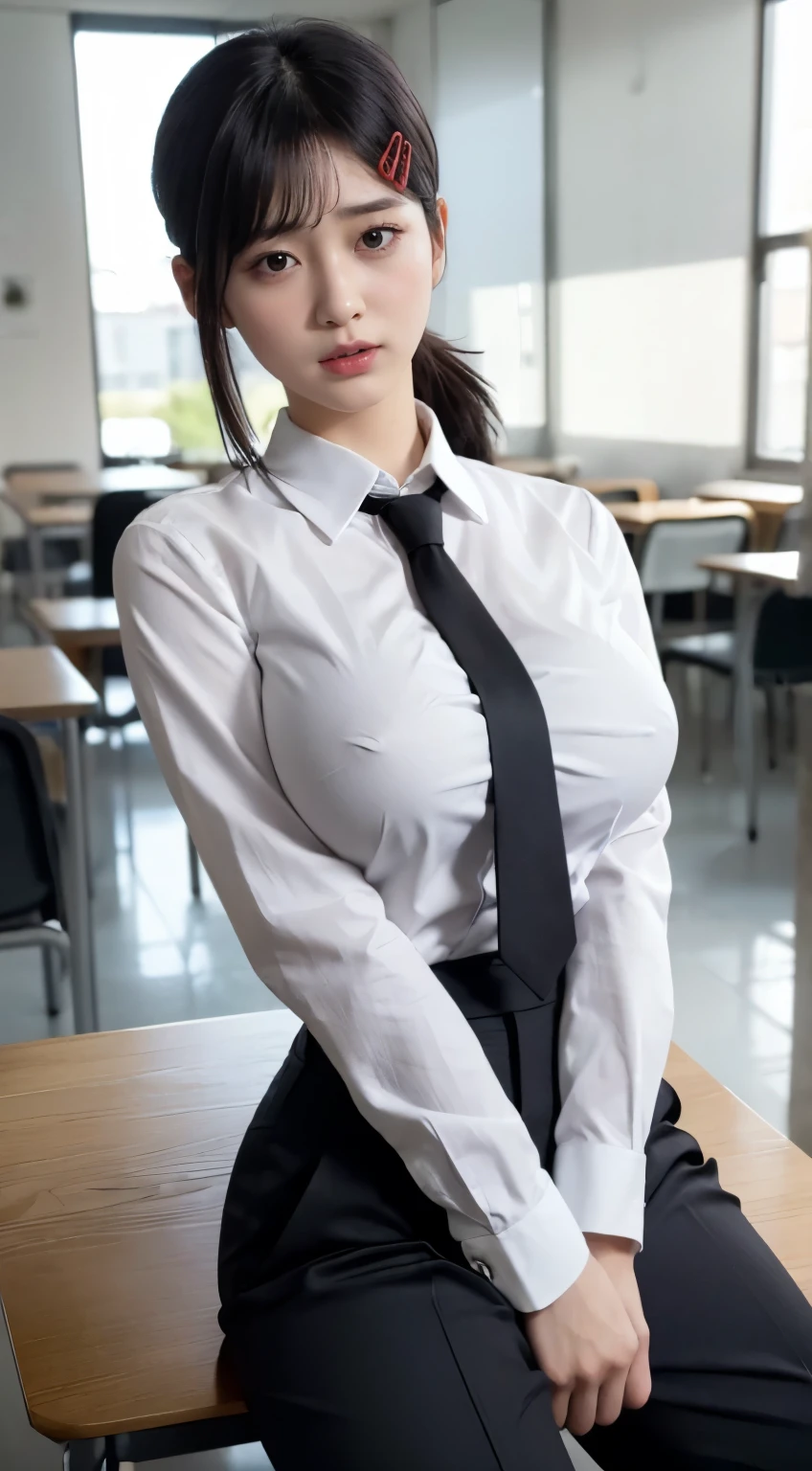 Highest quality、Ultra-high resolution、Raw photo、Professional Lighting、Detailed Background、In the classroom、((whole body)), 18-year-old female, Kobeni-chan、cute, Pure black hair, Black-haired, Bans, One-sided hair,、(Red Hair Clip:1.1),Brown eyes、(White collared shirt:1.4)+(Black tie)+(Black work trousers:1.3)、Large sagging breasts、(Huge breasts that look like they might burst:1.5)、(Big thighs:1.3),Modest abdominal muscles、Detailed skin、Beautiful white skin、Sweaty skin、Laughter、Blushing、Spread your legs wide、