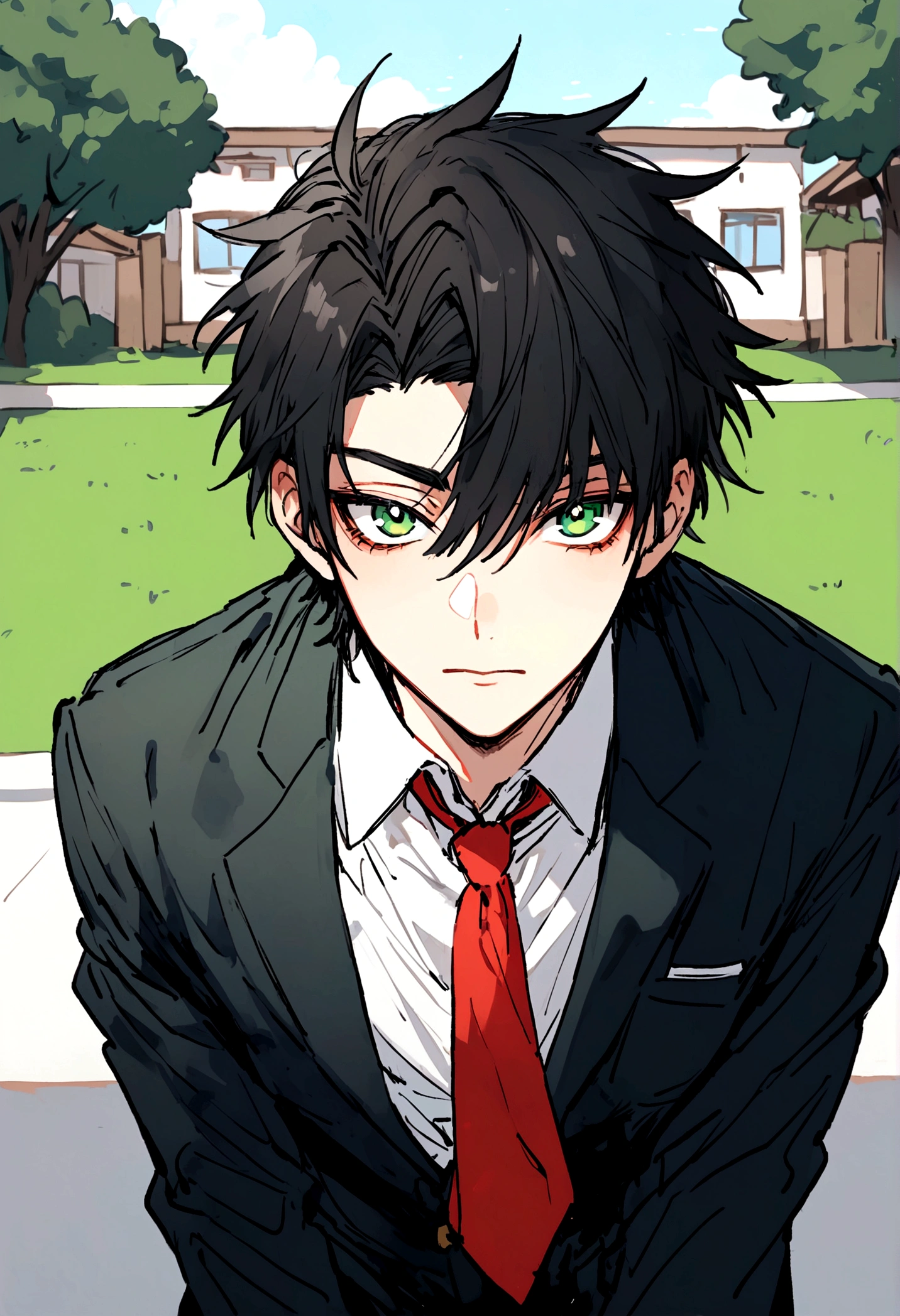 male, 19y, black hair, green eyes, student uniform, school background, 