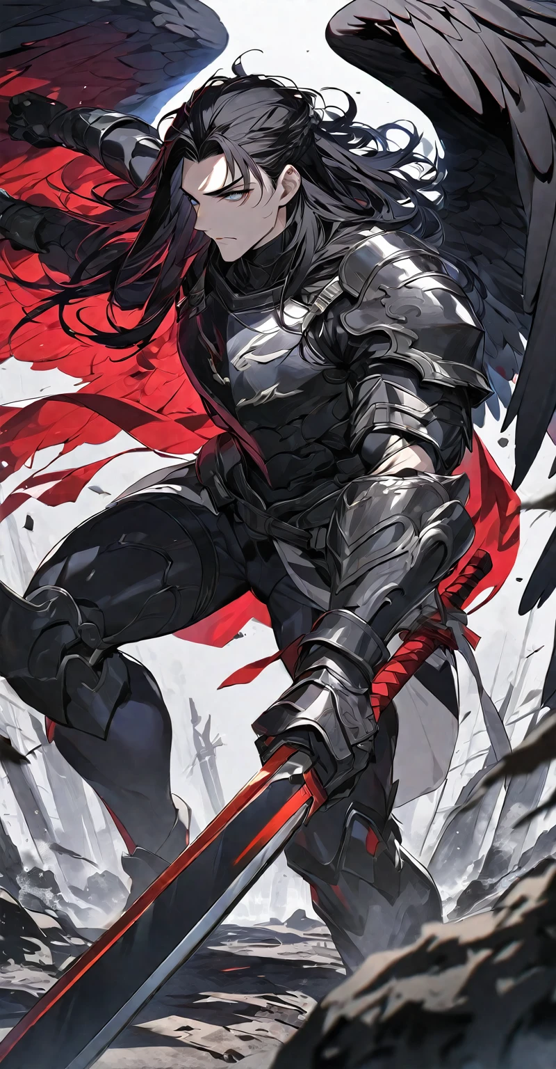 Best quality, one, beautiful, 1 man, tall man, with a sporty body, V-shaped body, wide shoulders, black detailed armour with bright white details, 10 black feathered wings, long hair, black hair covered with dirt and charcoal, neon white pupils (white eyes), the man has a huge sword in his hand, in a fighting position, against the background of Black miasma with shades of red