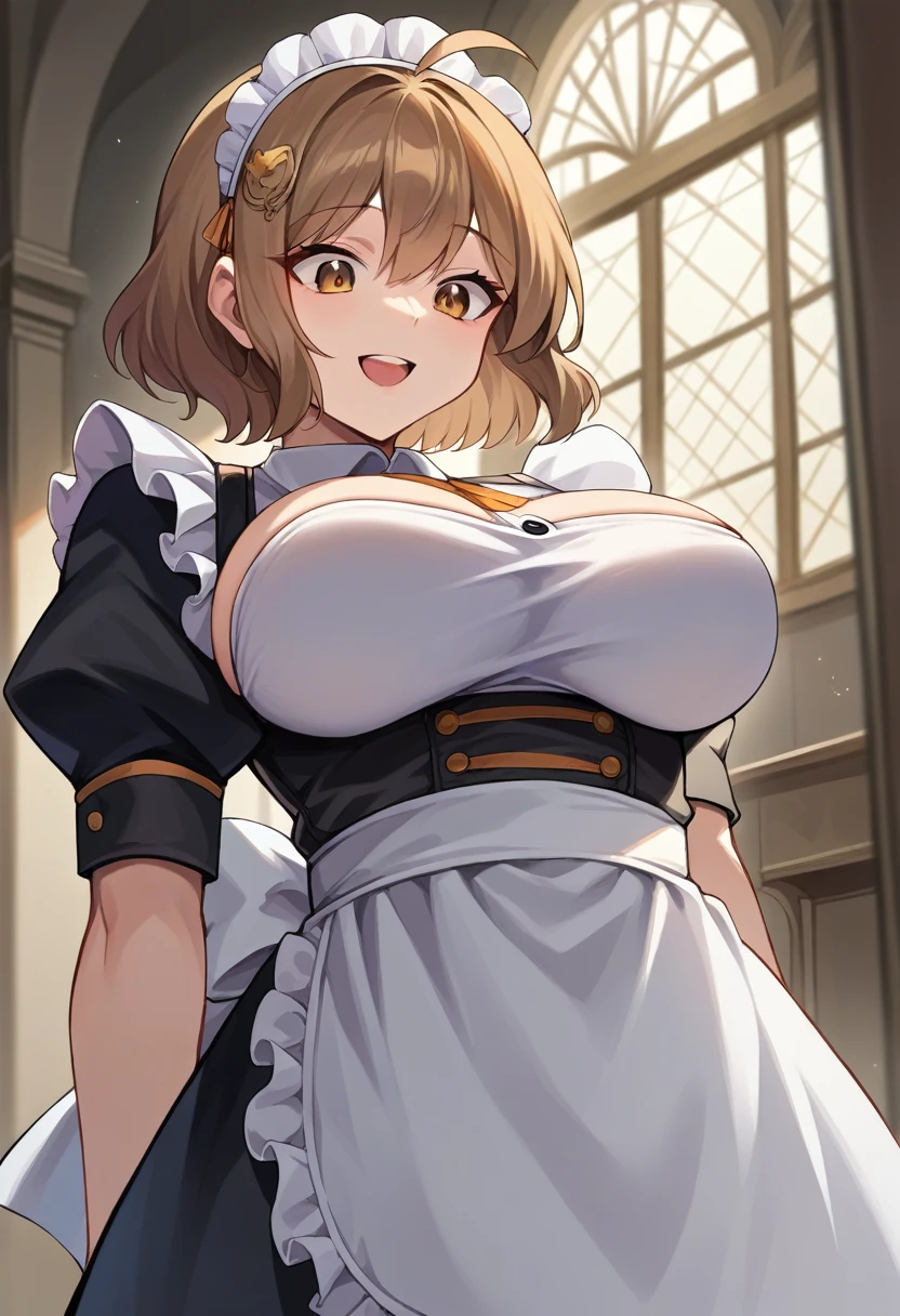 score_9, score_8_up, score_7_up, source_anime BREAK anisrnd, ahoge, short hair, brown hair, mansion, room, big breasts, looking down, open mouth, smile, maid