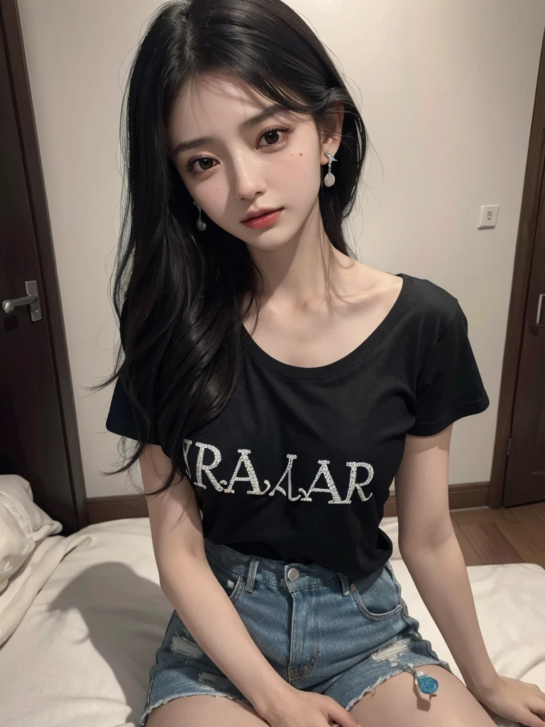 absurdres, RAW photo, extremely delicate and beautiful, masterpiece, Best Quality, ultra high resolution, 32k, hyperrealistic, ultra-detailed, delicate facial features, beautiful detailed woman, tearful mole, earring, medium breasts, full body shot, medium hair, black hair, cap, T-shirt, baggy shorts, 2 girls,