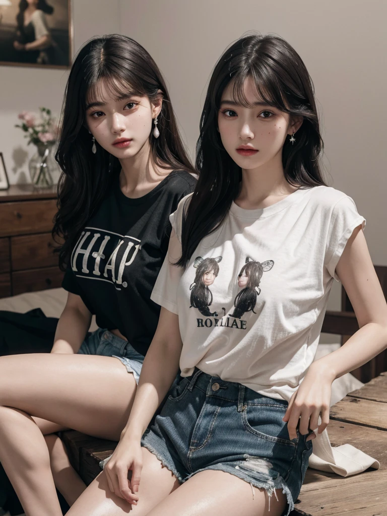 absurdres, RAW photo, extremely delicate and beautiful, masterpiece, Best Quality, ultra high resolution, 32k, hyperrealistic, ultra-detailed, delicate facial features, beautiful detailed woman, tearful mole, earring, medium breasts, full body shot, medium hair, black hair, cap, T-shirt, baggy shorts, 2 girls,