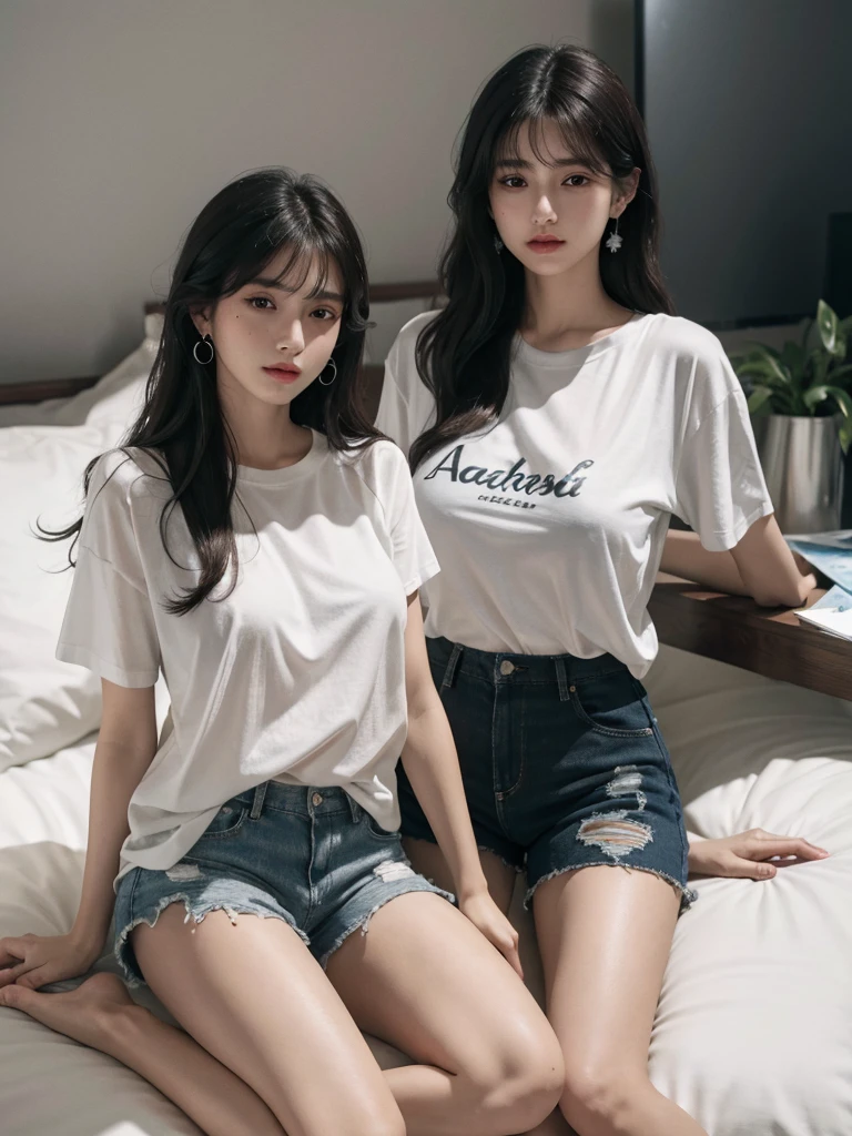 absurdres, RAW photo, extremely delicate and beautiful, masterpiece, Best Quality, ultra high resolution, 32k, hyperrealistic, ultra-detailed, delicate facial features, beautiful detailed woman, tearful mole, earring, medium breasts, full body shot, medium hair, black hair, cap, T-shirt, baggy shorts, 2 girls,