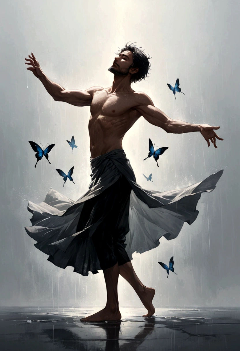 Soul Dancer Mark,A homeless man dancing alone in the rain，soul，Barefoot，Loose and worn clothes，Professional ballet movements，Fingertips 1 butterfly，Very contagious，Splash，Light and Shadow，Minimalism，artistic conception，Clean background
