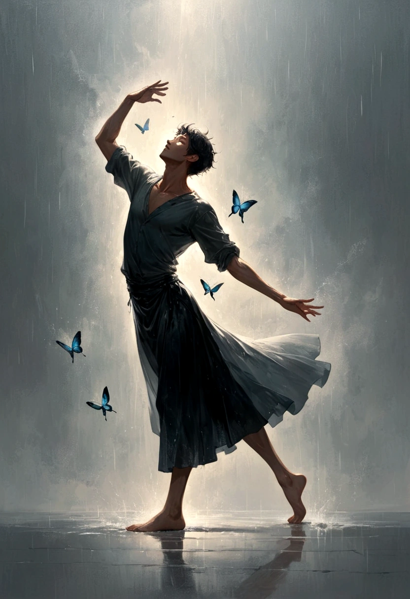 Soul Dancer Mark,A homeless man dancing alone in the rain，soul，Barefoot，Loose and worn clothes，Professional ballet movements，Fingertips 1 butterfly，Very contagious，Splash，Light and Shadow，Minimalism，artistic conception，Clean background