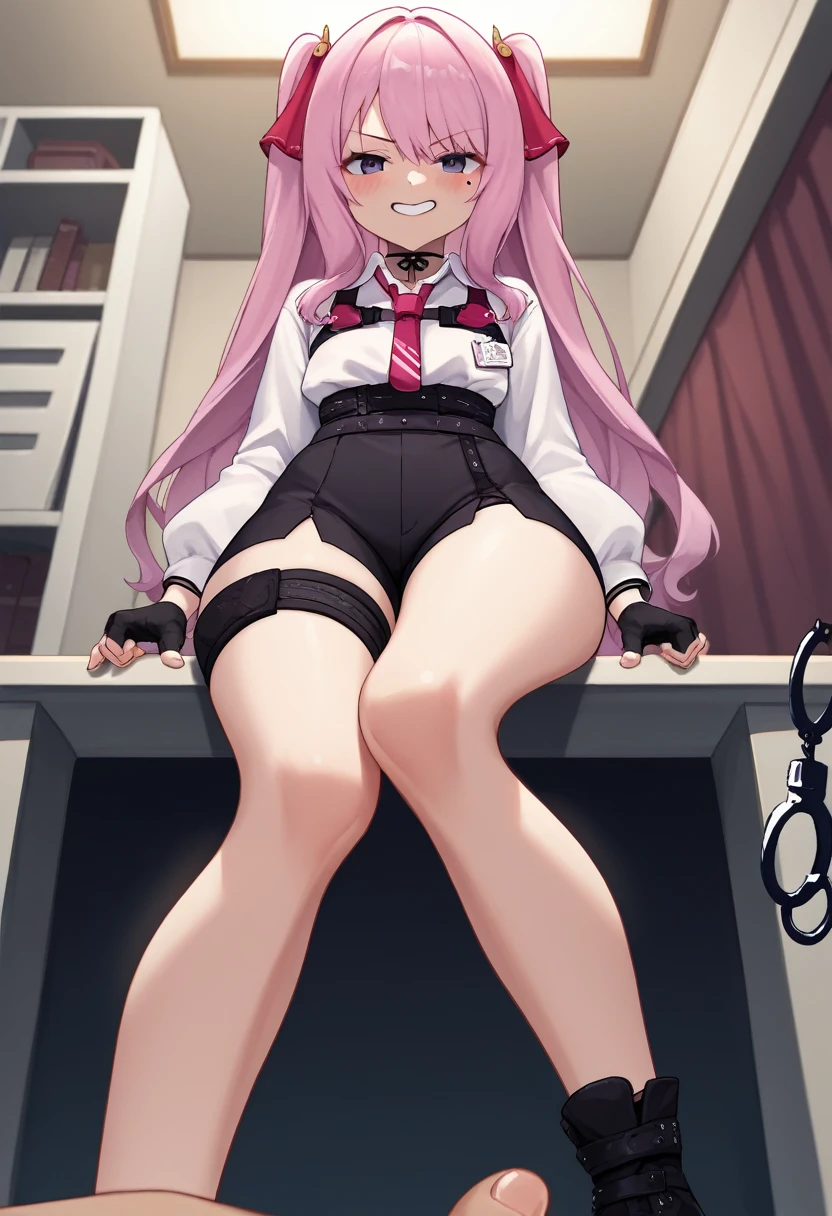 score_9, score_8_up, score_7_up, source_anime, BREAK 1girl, yunidef, purple eyes, pink hair, long hair, two side up, bangs, hair ornament, mole under mouth, white shirt, long sleeves, pink necktie, black choker, harness, nametag, multiple belts, high-waist shorts, black shorts, thigh strap, fingerless glove, single glove, indoors, long legs, pov, stepping, stepped on, black footwear, blush, evil grin, from below, smile, untied footwear, holding handcuffs, foot focus, looking at viewer, pov torso, foreshortening, crush, feed